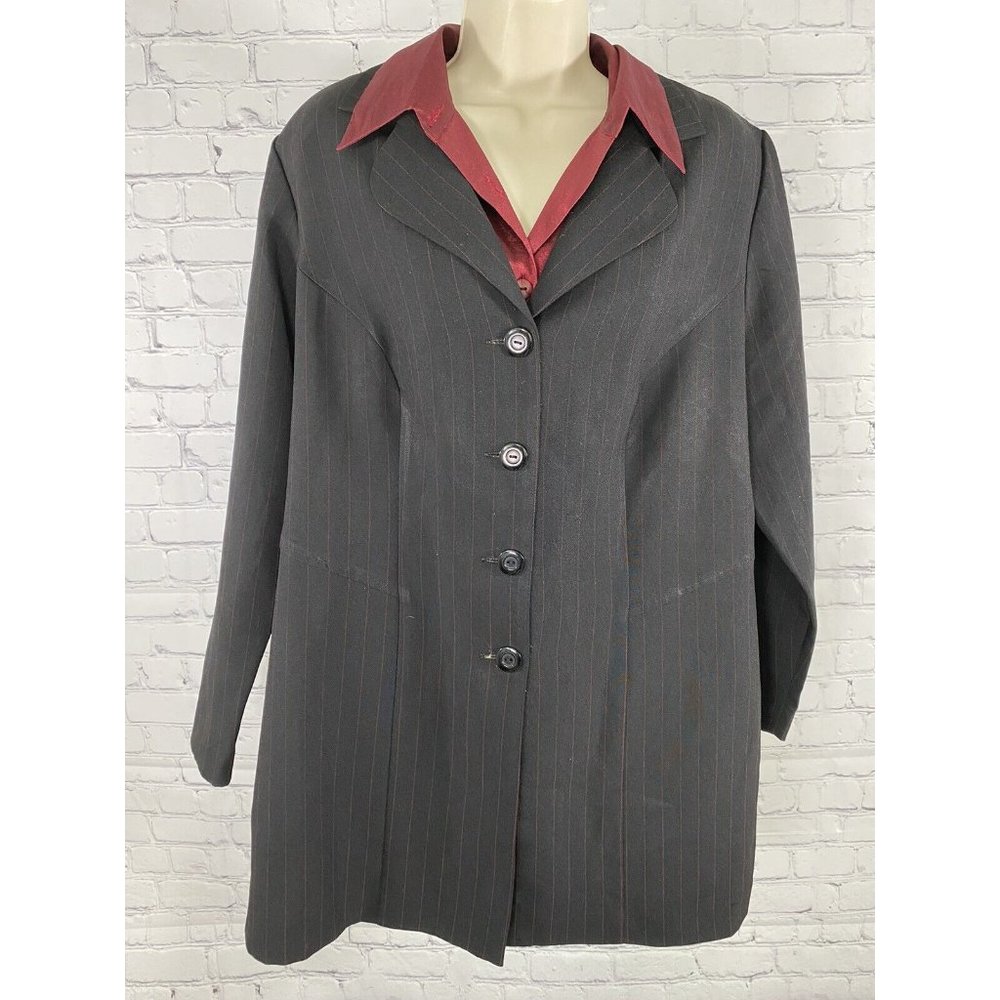VTG Fashion Bug Black Red Striped Blazer Jacket With Red Dickie Collar 16W
